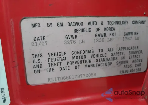 2007 Chevrolet Aveo 5 Special Value from USA, damaged, VIN KL1TD66617B772058